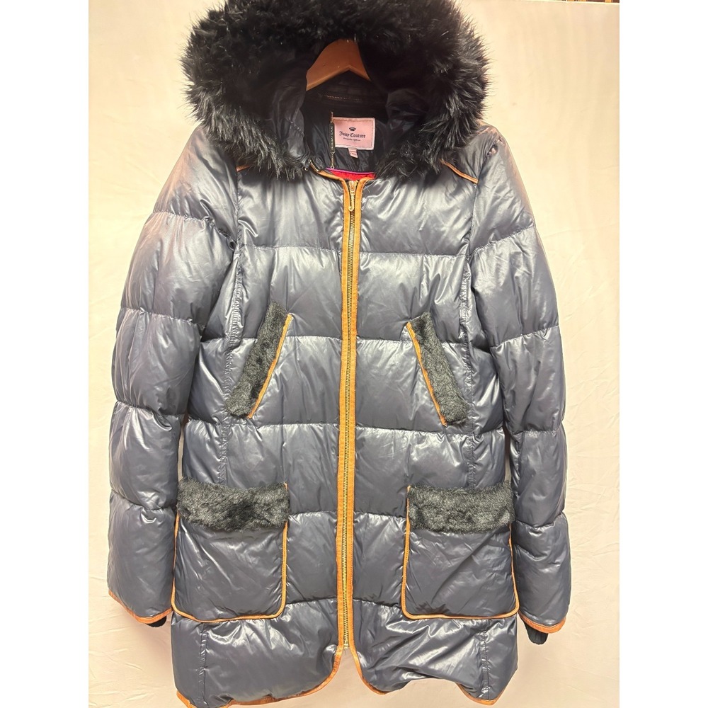 Juicy Couture‎ Quilted Hooded Faux Fur Puffer Jacket Women's Black Down Fill HOT